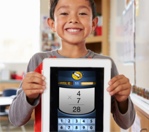 Student holding tablet with a math fact fluency app by Rocket Math