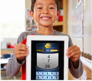 a kid holding up a tablet with the RocketMath math fact apps on it.