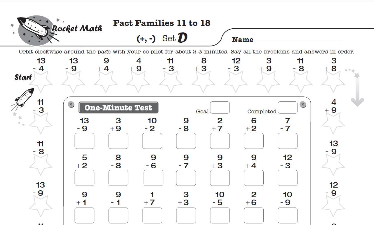 Rocket Math 2nd grade math worksheets Fact Families 11 to 18