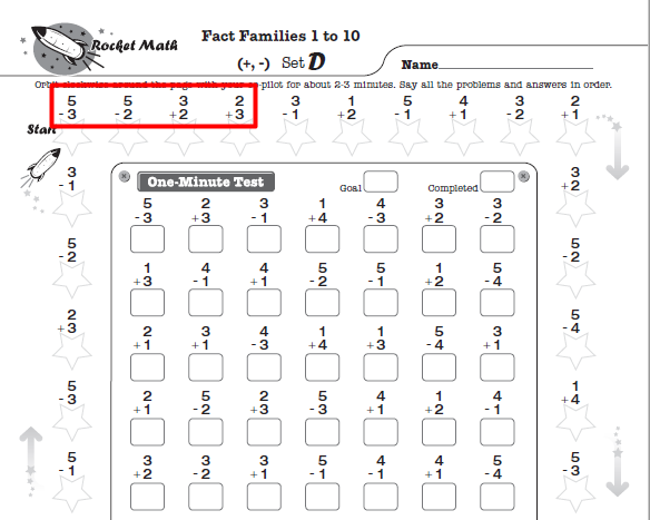 Rocket Math 1st grade math worksheets Fact Families 1 to 10