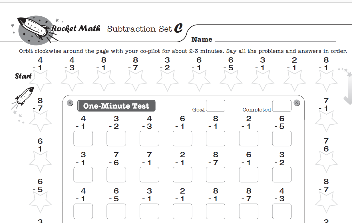 Rocket Math 2nd grade math worksheets Subtraction 0 through 9s