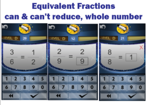 Screenshot of Rocket Math Online Game of Equivalent Fractions practice.