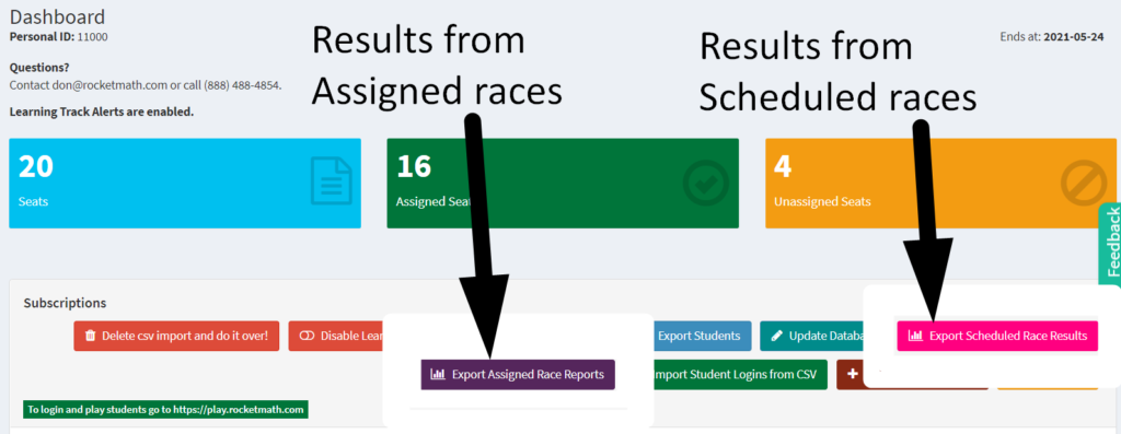 Screenshot of Rocket Math's 1 minute results.