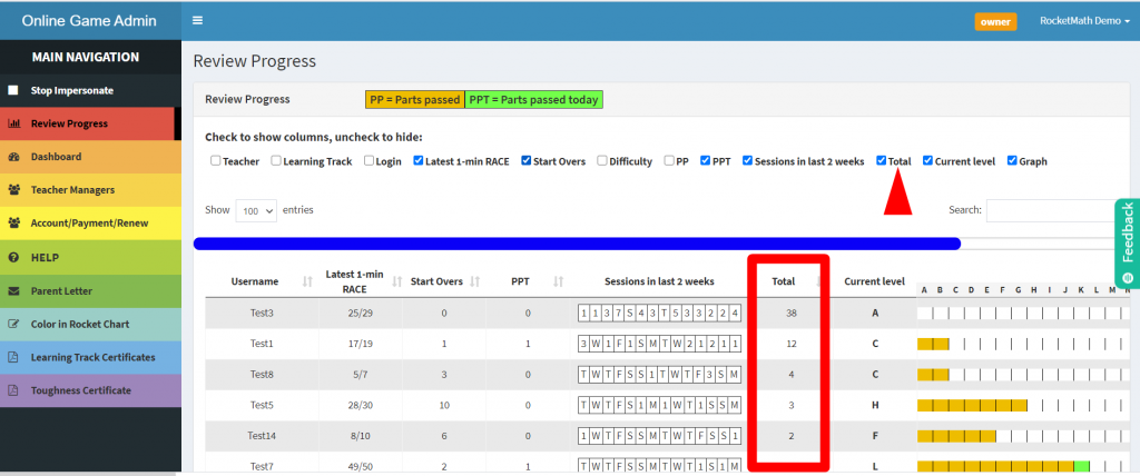 A screenshot of Rocket Math's calendar to show how a student is progressing.