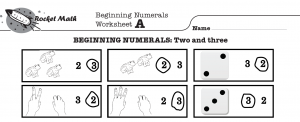 A screenshot of the Beginning Numerals Worksheet A with six boxes with images of frogs, hands, or dice in each.