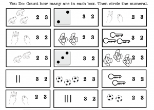 Screenshot of Rocket Math's Counting Objects worksheet showing 15 boxes all with their own images, then two numbers next to the images for students to choose from.